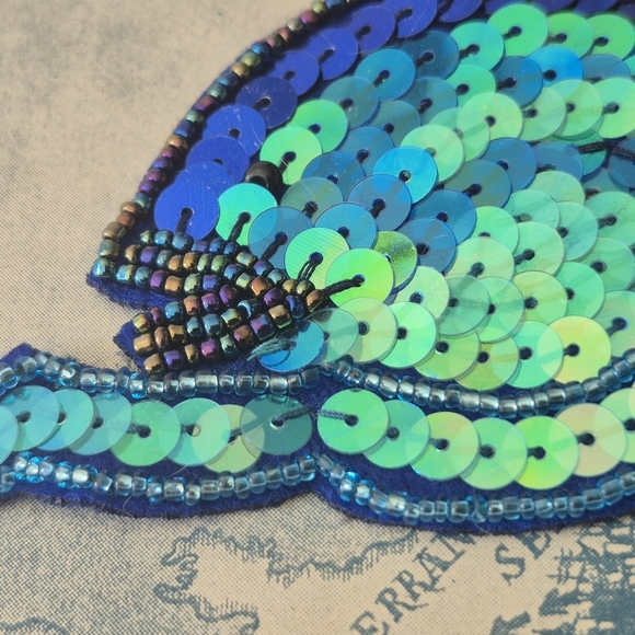 Hand Emnroiderd Fish Sequence Vibrant  Blue and Green Applique  Patch - Picture 5 of 8